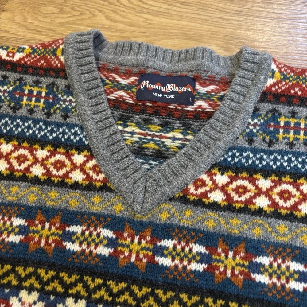 Rowing Blazers Fair Isle Knit Sweater Vest Sz L 100% Lambswool V-neck Preppy EUC
